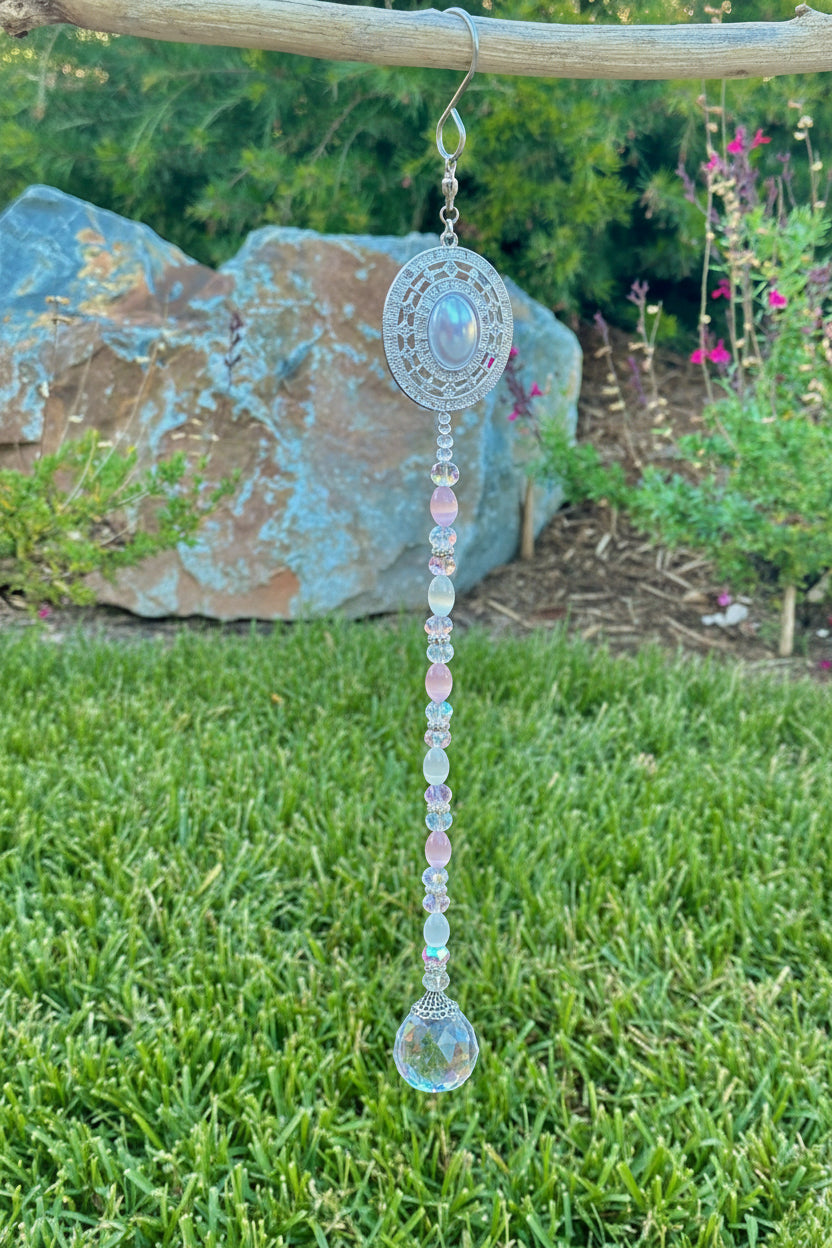 Pink & White Cat’s Eye Suncatcher with Crystal Prism