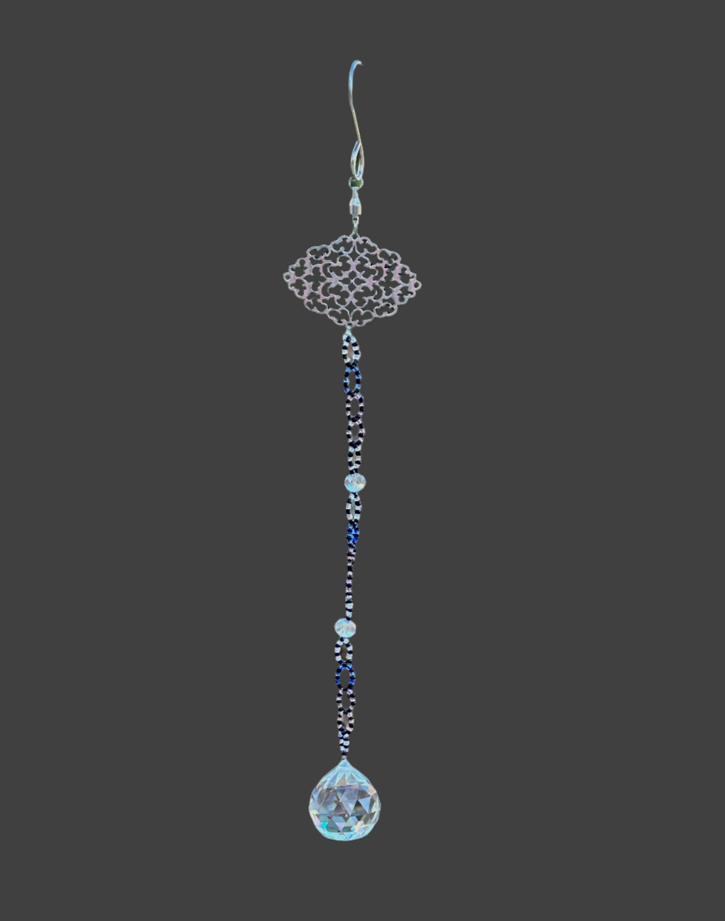 Black, Blue and Clear Glass Suncatcher with Silver Filigree Top