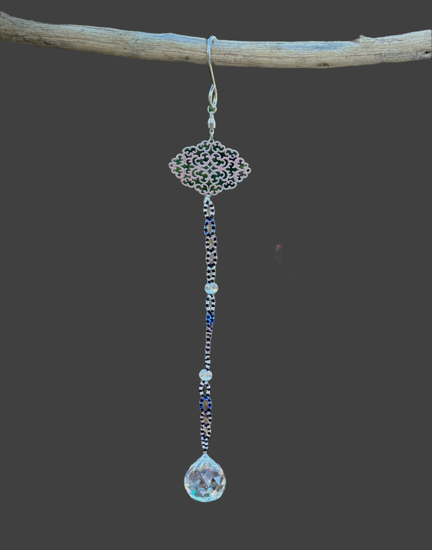 Black, Blue and Clear Glass Suncatcher with Silver Filigree Top