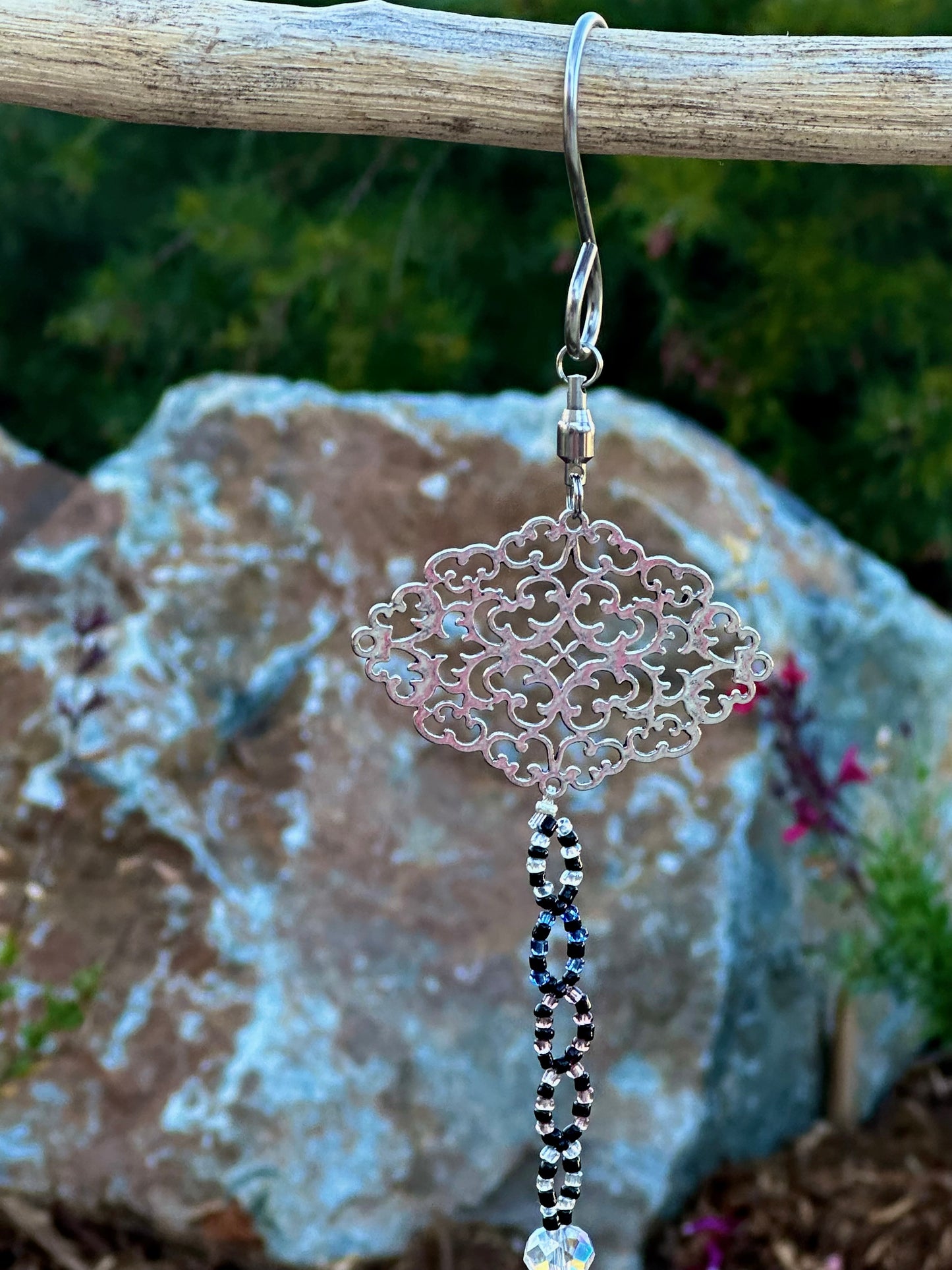 Black, Blue and Clear Glass Suncatcher with Silver Filigree Top