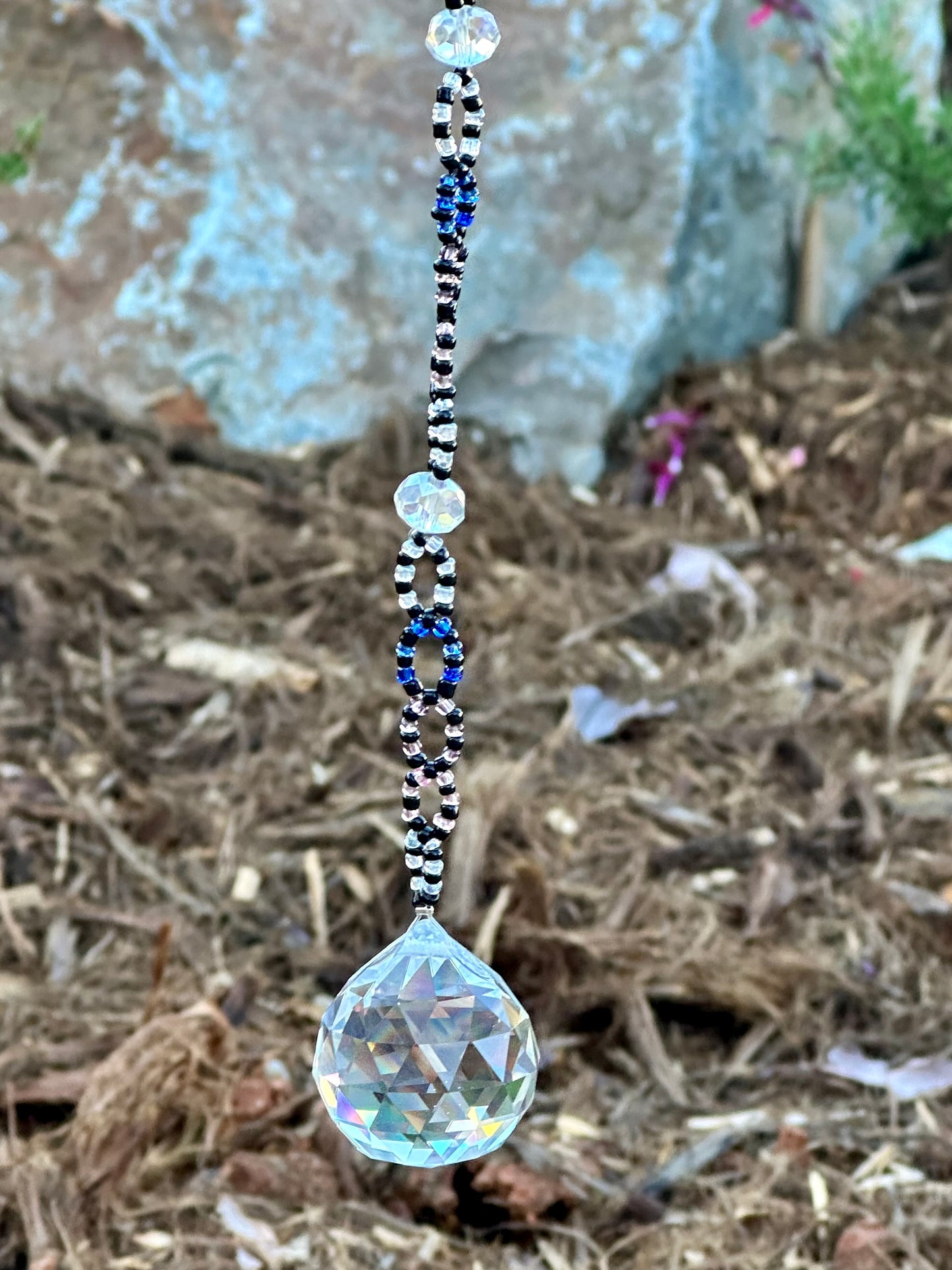 Black, Blue and Clear Glass Suncatcher with Silver Filigree Top