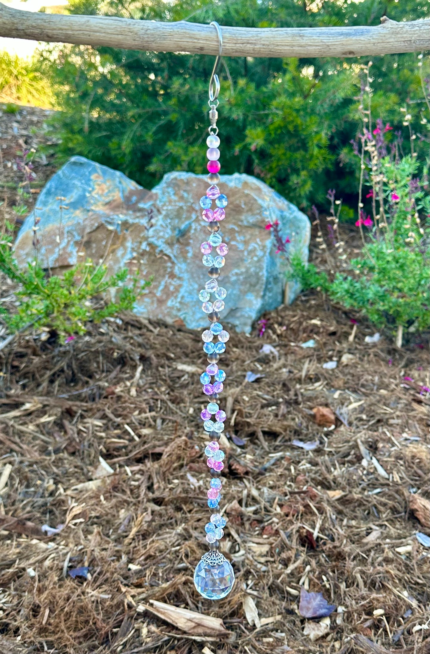 Clear, Blue, and Pink Glass Suncatcher With Cherry Quartz Accents