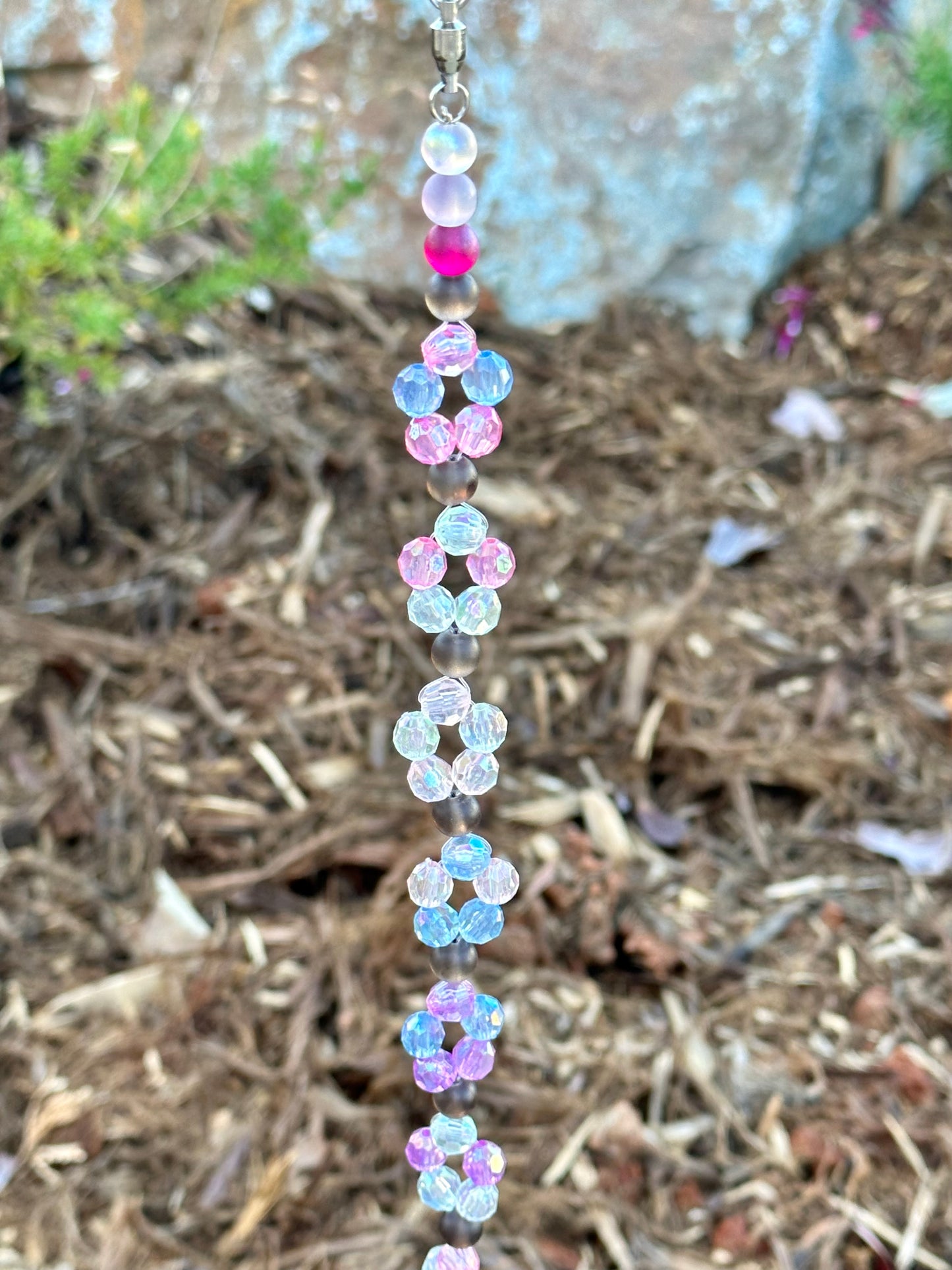 Clear, Blue, and Pink Glass Suncatcher With Cherry Quartz Accents