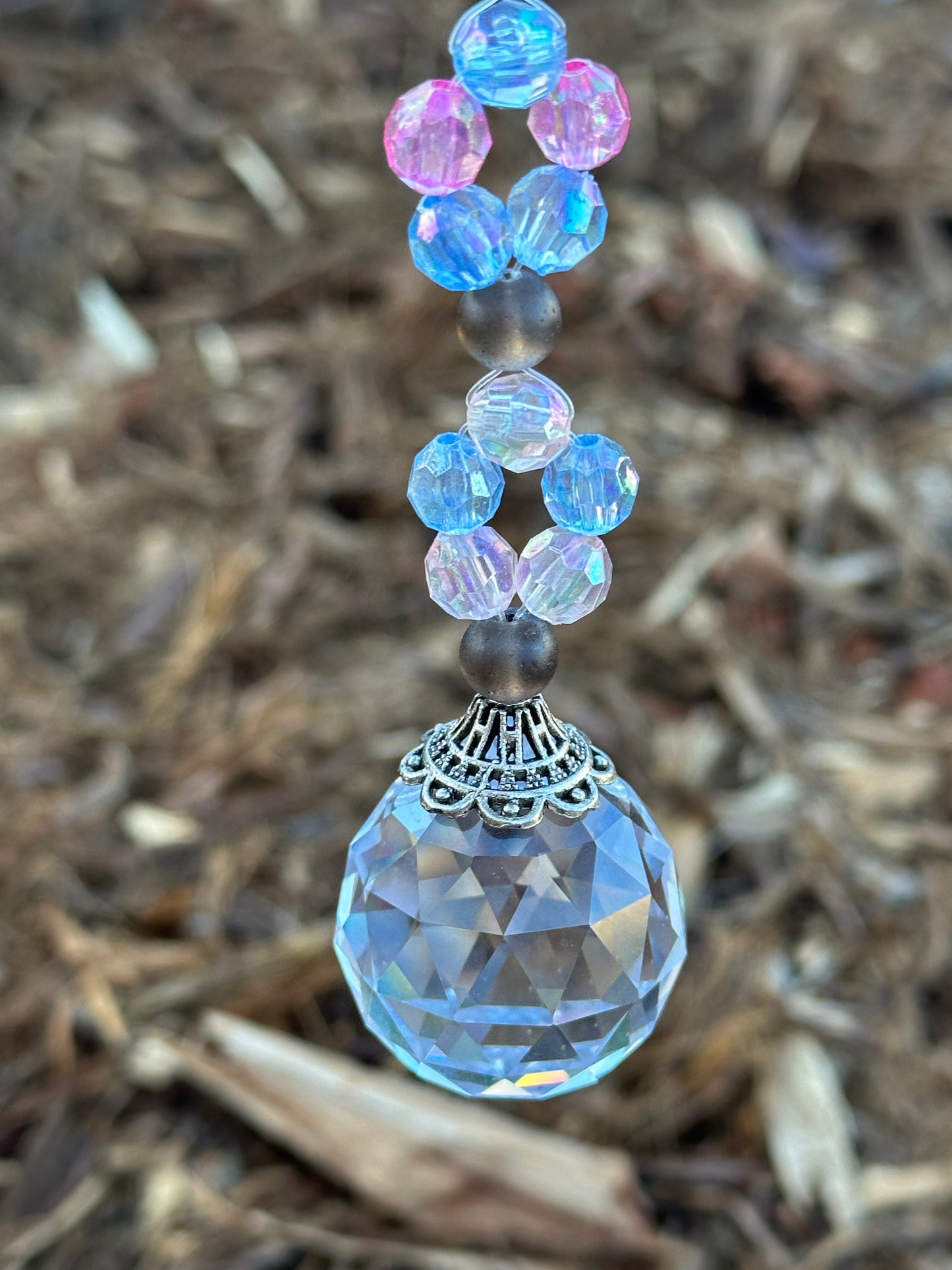Clear, Blue, and Pink Glass Suncatcher With Cherry Quartz Accents
