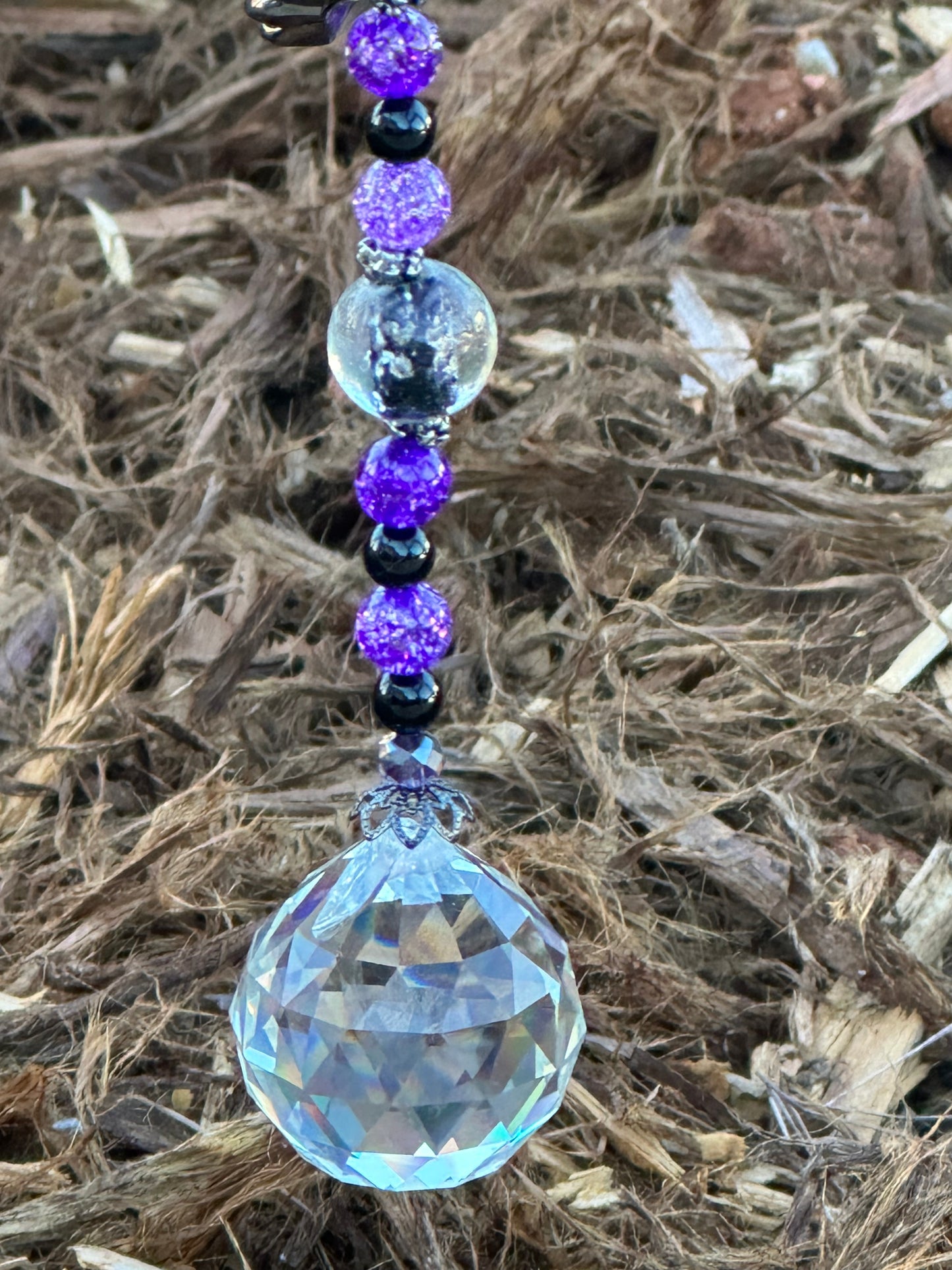 Purple Crackle Quartz and Banded Black Agate Beaded Halloween Suncatcher π