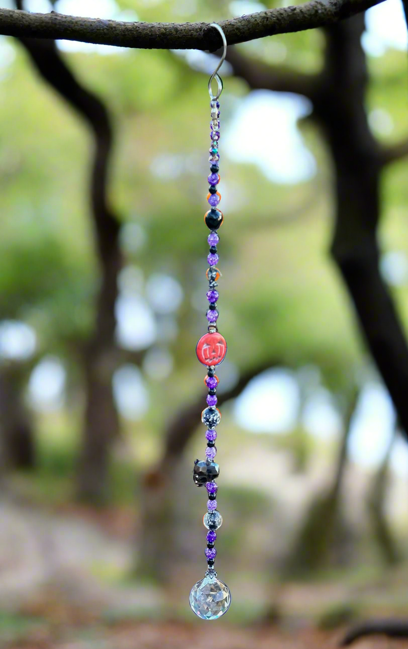 Purple Crackle Quartz and Banded Black Agate Beaded Halloween Suncatcher π
