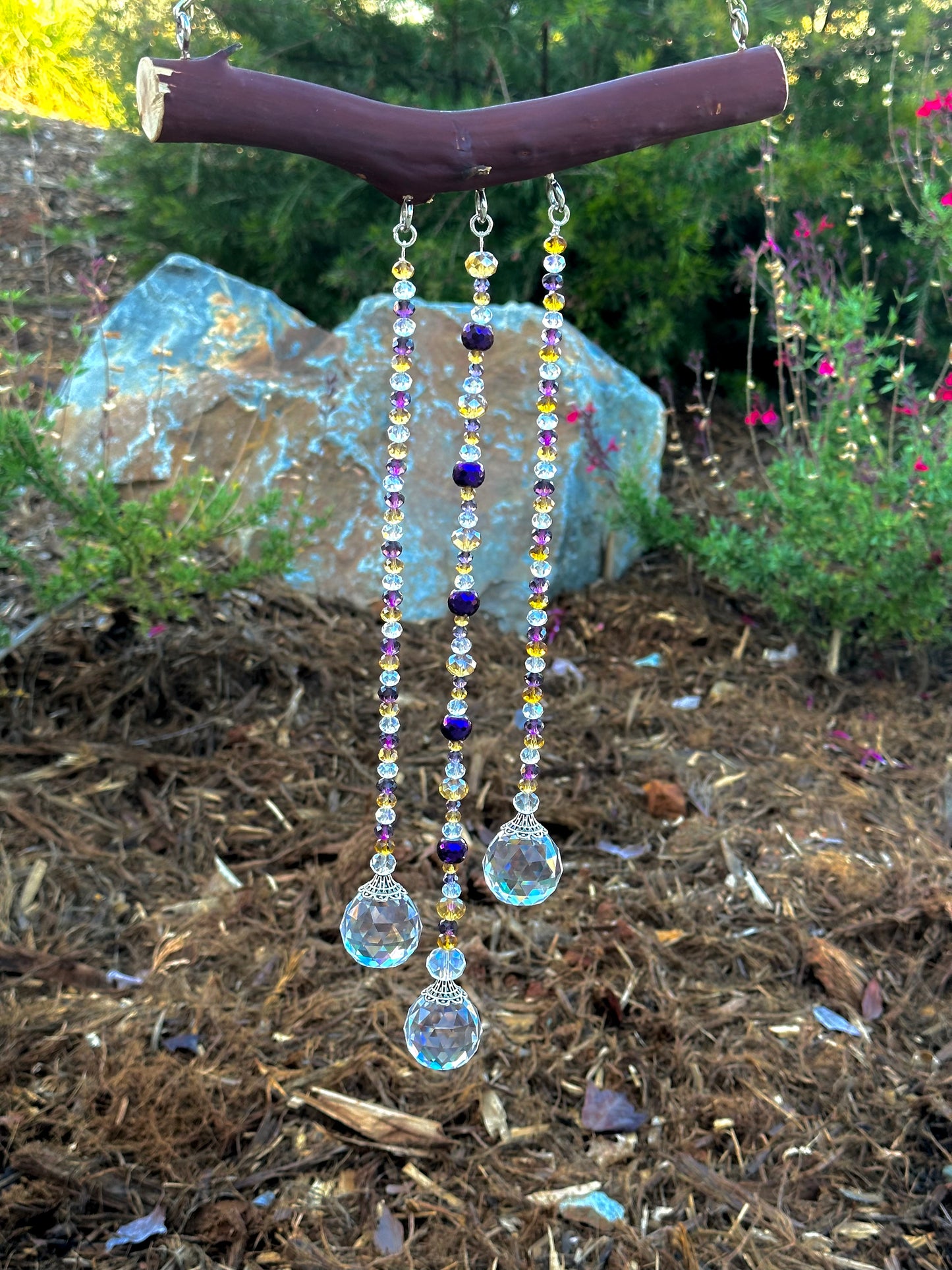 Manzanita 3 String Clear, Purple and Gold Suncatcher Mobile