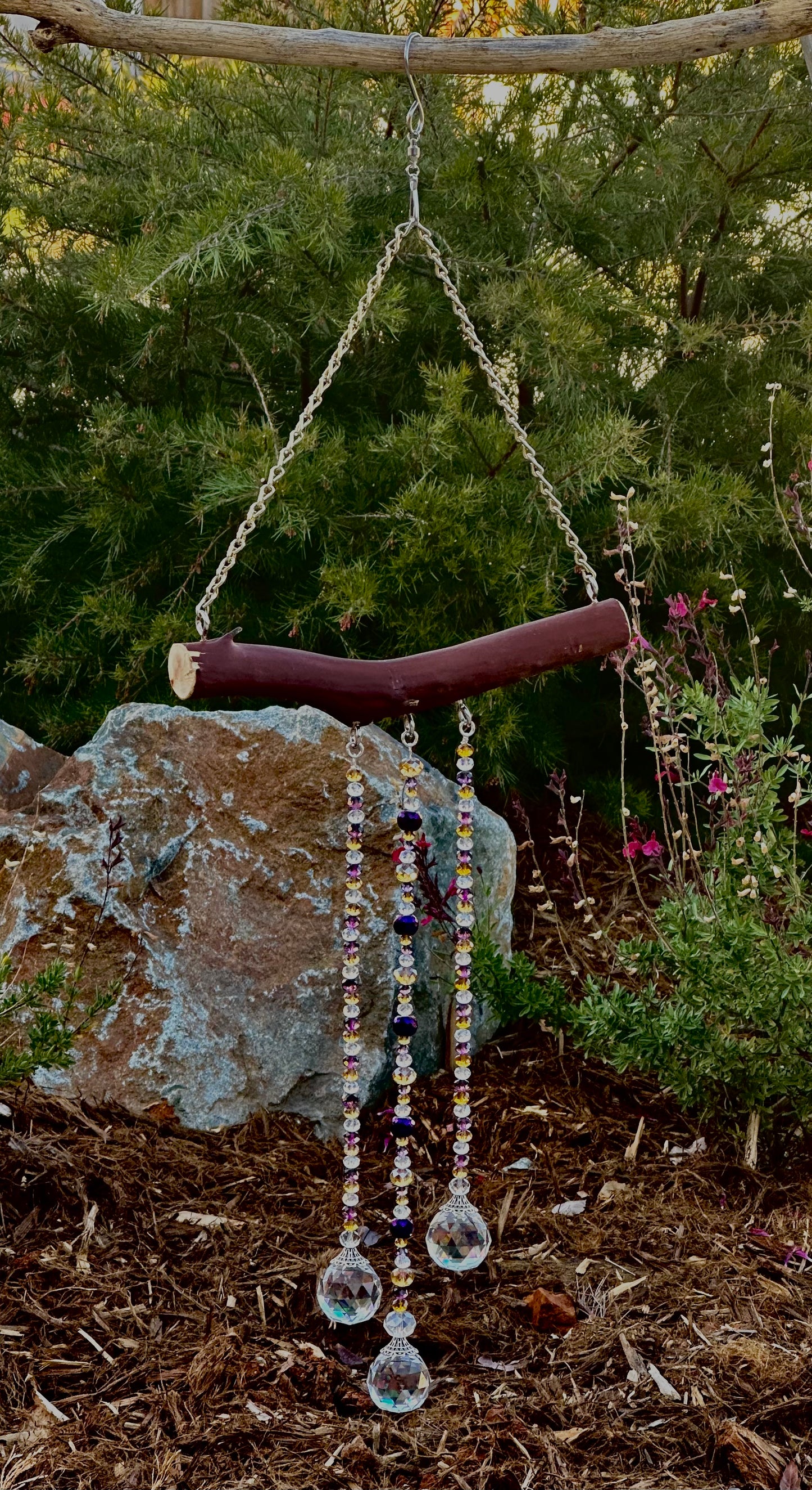 Manzanita 3 String Clear, Purple and Gold Suncatcher Mobile