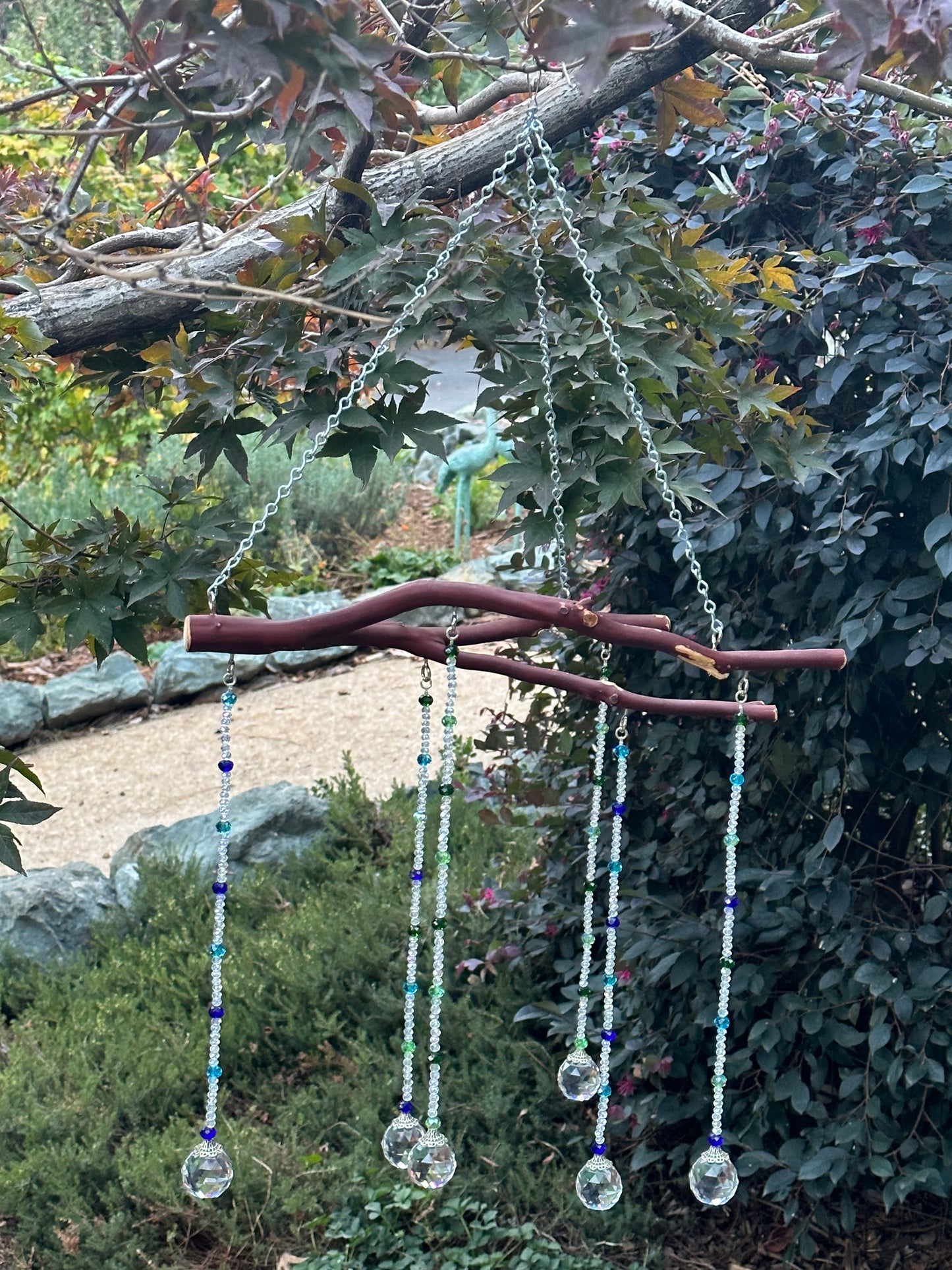 Six String Suncatcher Mobile on Manzanita Wood with Clear and Multi-Color Glass Crystal Beads