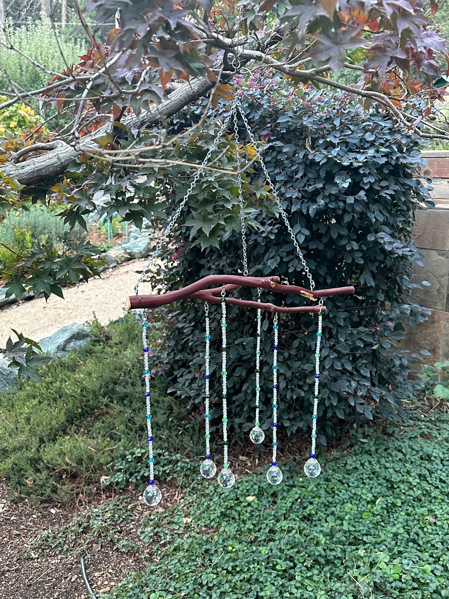 Six String Suncatcher Mobile on Manzanita Wood with Clear and Multi-Color Glass Crystal Beads