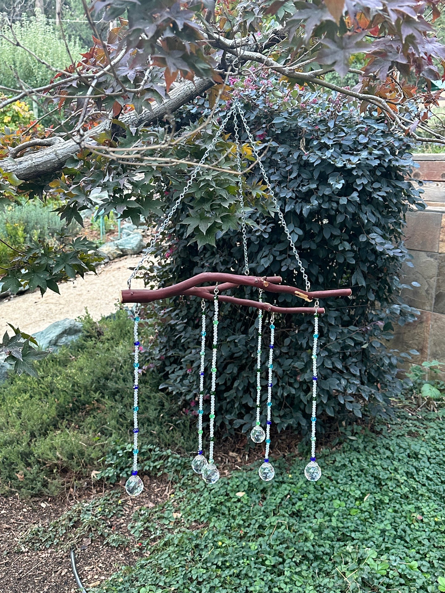 Six String Suncatcher Mobile on Manzanita Wood with Clear and Multi-Color Glass Crystal Beads