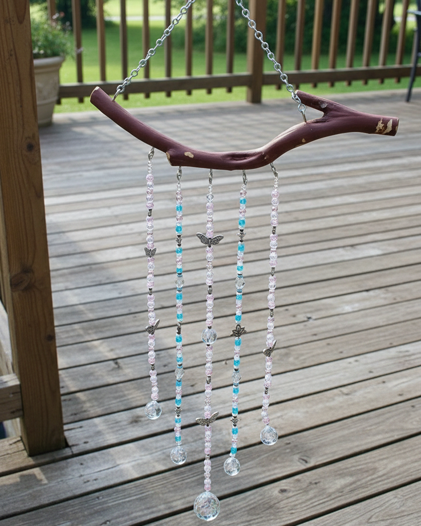 Manzanita 5 String White, Pink and Blue Suncatcher Mobile With Butterfly and Flower Accents