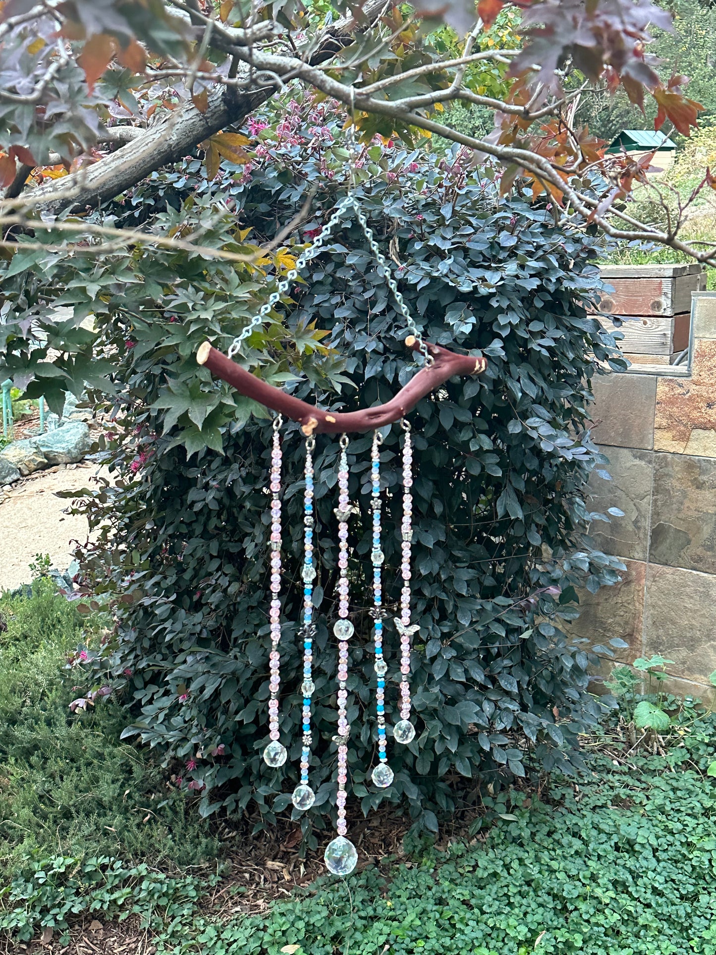 Manzanita 5 String White, Pink and Blue Suncatcher Mobile With Butterfly and Flower Accents