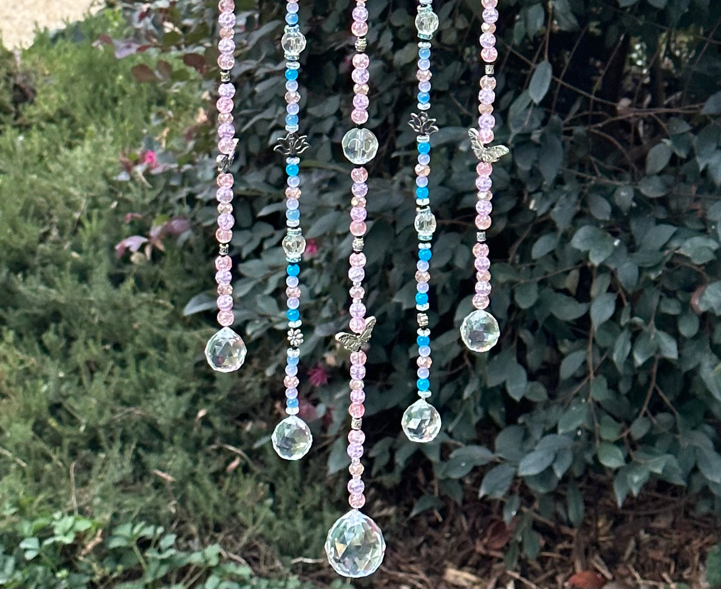 Manzanita 5 String White, Pink and Blue Suncatcher Mobile With Butterfly and Flower Accents