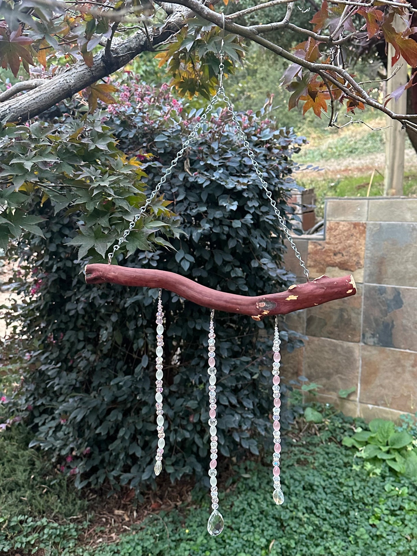 Manzanita 3 String Suncatcher Mobile With Pink Cat's Eye, White Cat's Eye, Blue Glass Beads, and Clear & Pink Crystal Glass Beads