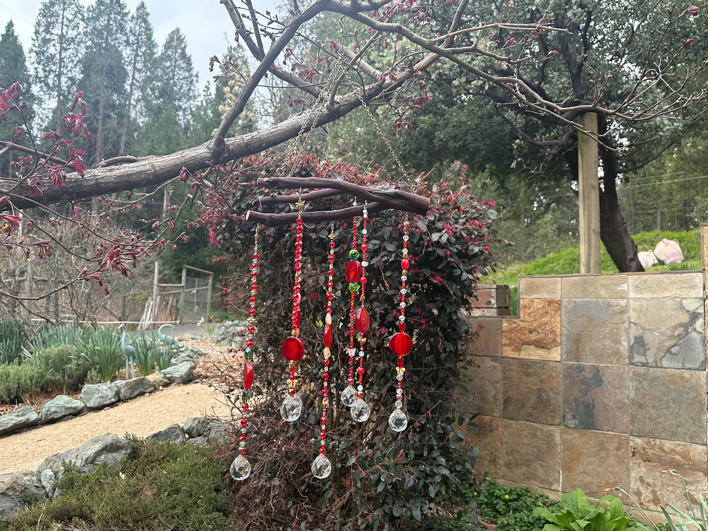 Six String Red Glass Mobile on Manzanita