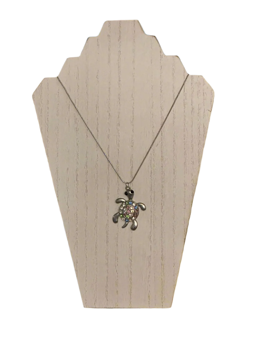 Jeweled Silver-Plated Turtle Pendant Necklace