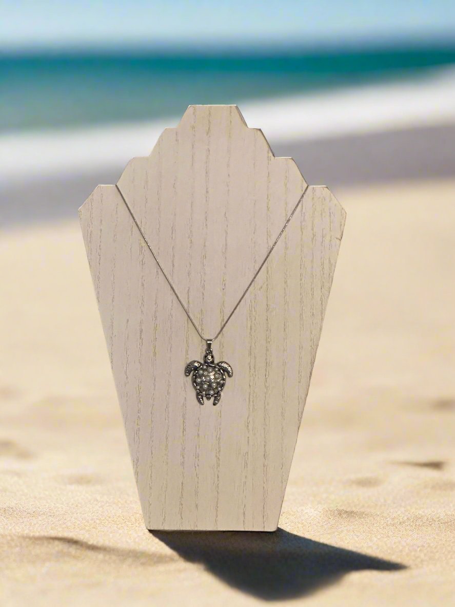 Glass Pearl Silver-Plated Turtle Pendant Necklace