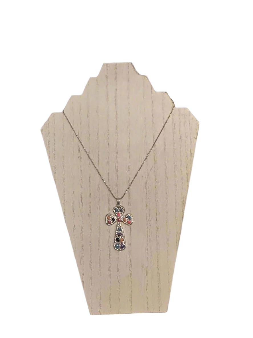 Jeweled and Silver-Plated Cross Pendant Necklace