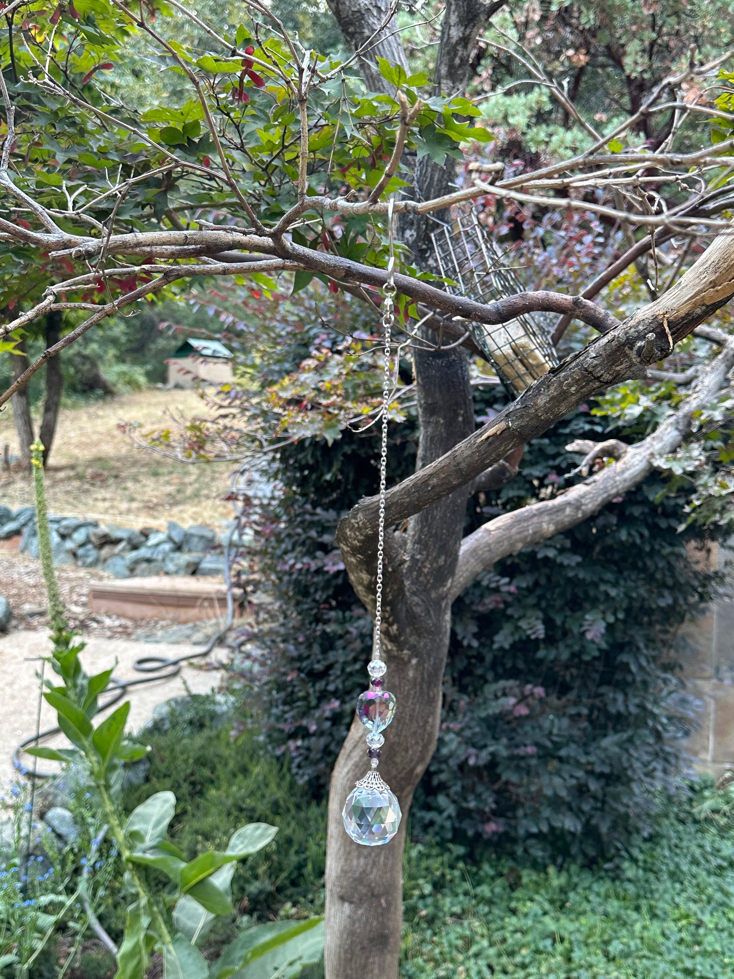 Light Purple Glass Heart Suncatcher with Glass Faceted Bead Accents