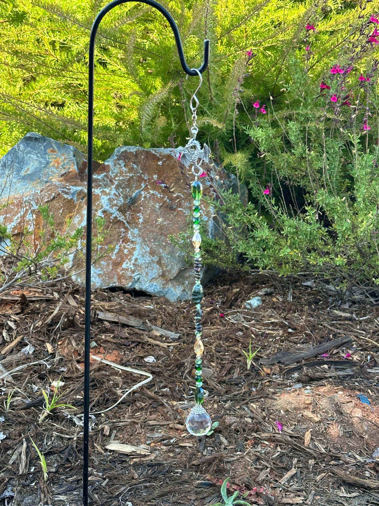 Silver Dragon Suncatcher with Dragon's Blood Natural Stone Beads