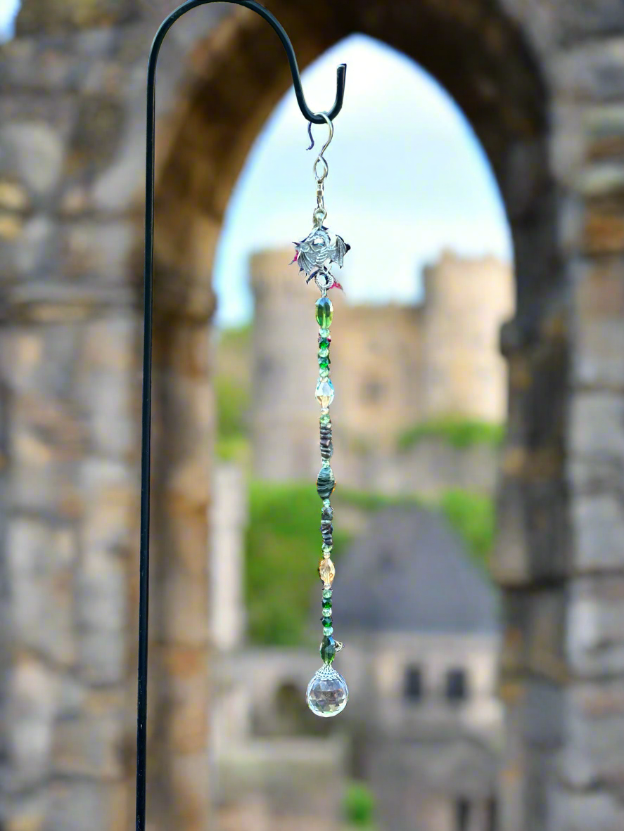 Silver Dragon Suncatcher with Dragon's Blood Natural Stone Beads