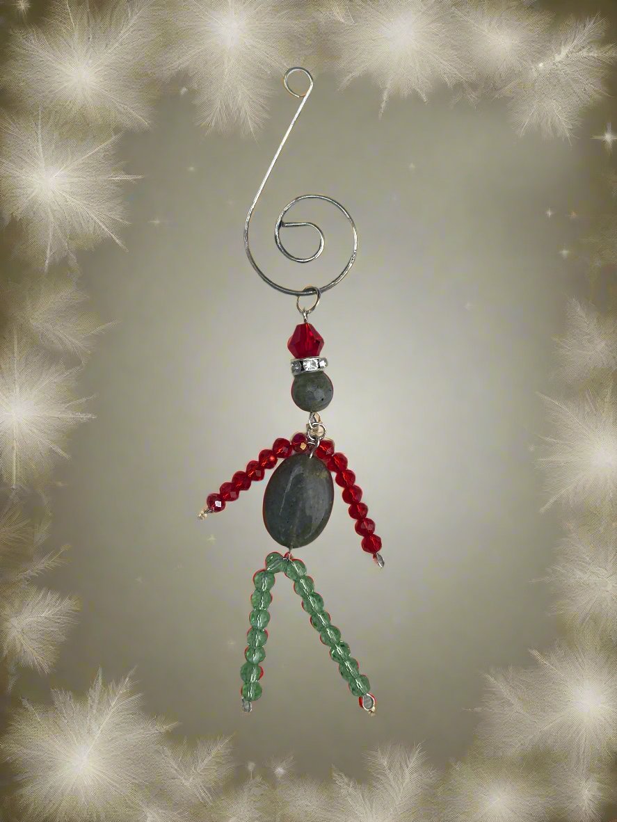 Christmas Elf Ornament With Labradorite, Green and Red Glass
