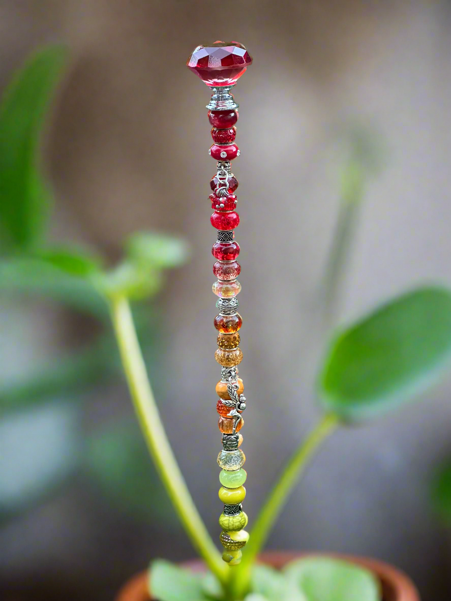 Fairy Wand Garden Stake in Reds, Golds and Yellows with Silver Fairy Charm