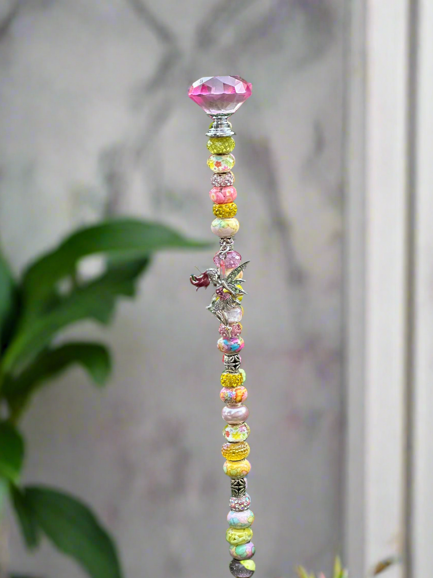 Fairy Wand Garden Stake in Pinks and Yellows with Silver Fairy Charm