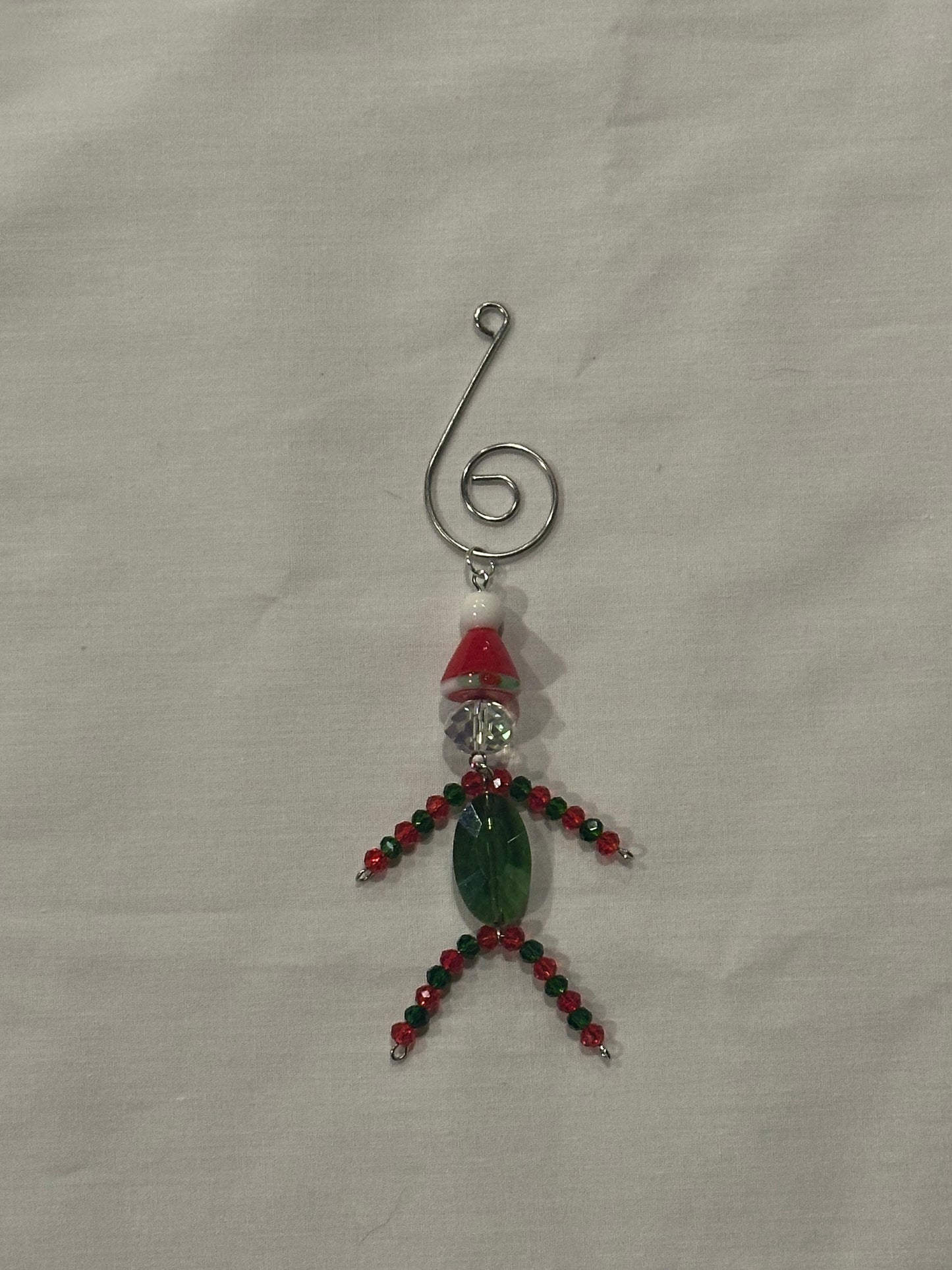 Christmas Elf Ornament With Green, Red and Clear Faceted Glass Wearing a Santa Hat