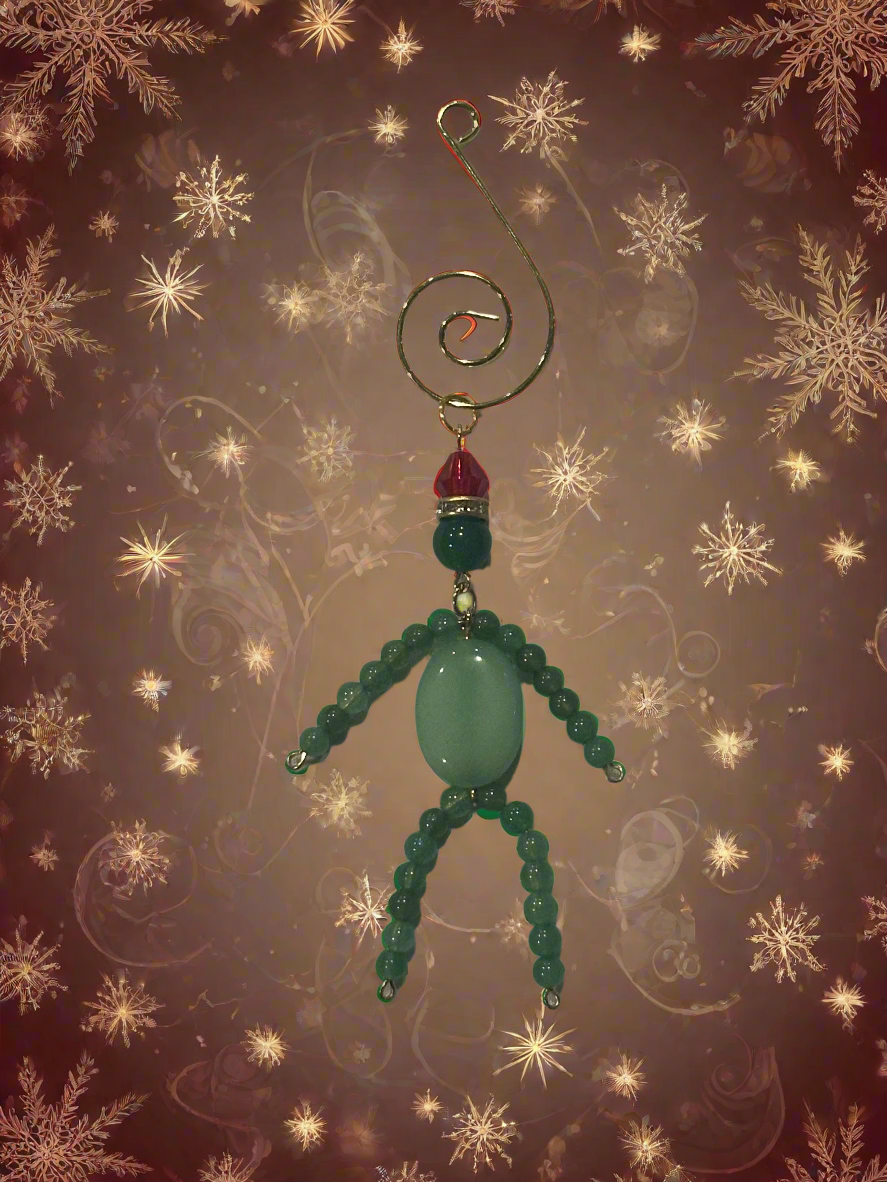 Christmas Elf Ornament with Green Aventurine, Quartz and Green Faceted Glass