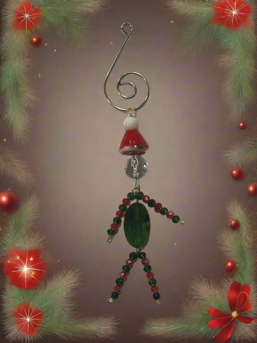 Christmas Elf Ornament With Green, Red and Clear Faceted Glass Wearing a Santa Hat