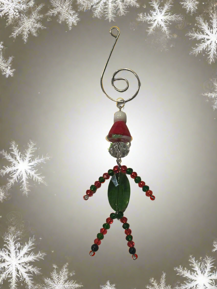 Christmas Elf Ornament With Green, Red and Clear Faceted Glass Wearing a Santa Hat