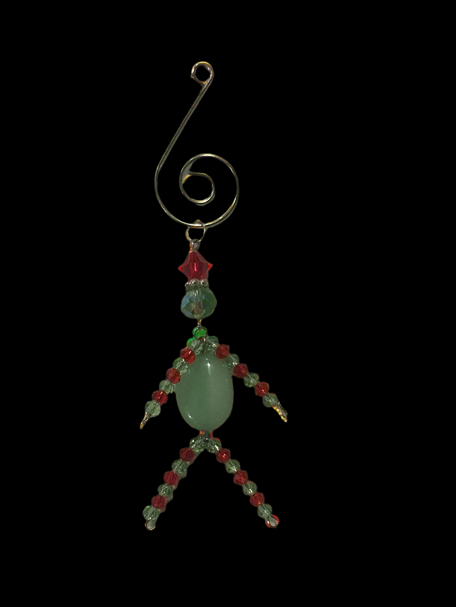 Christmas Elf Ornament With Green Quartz, Green and Red Faceted Glass
