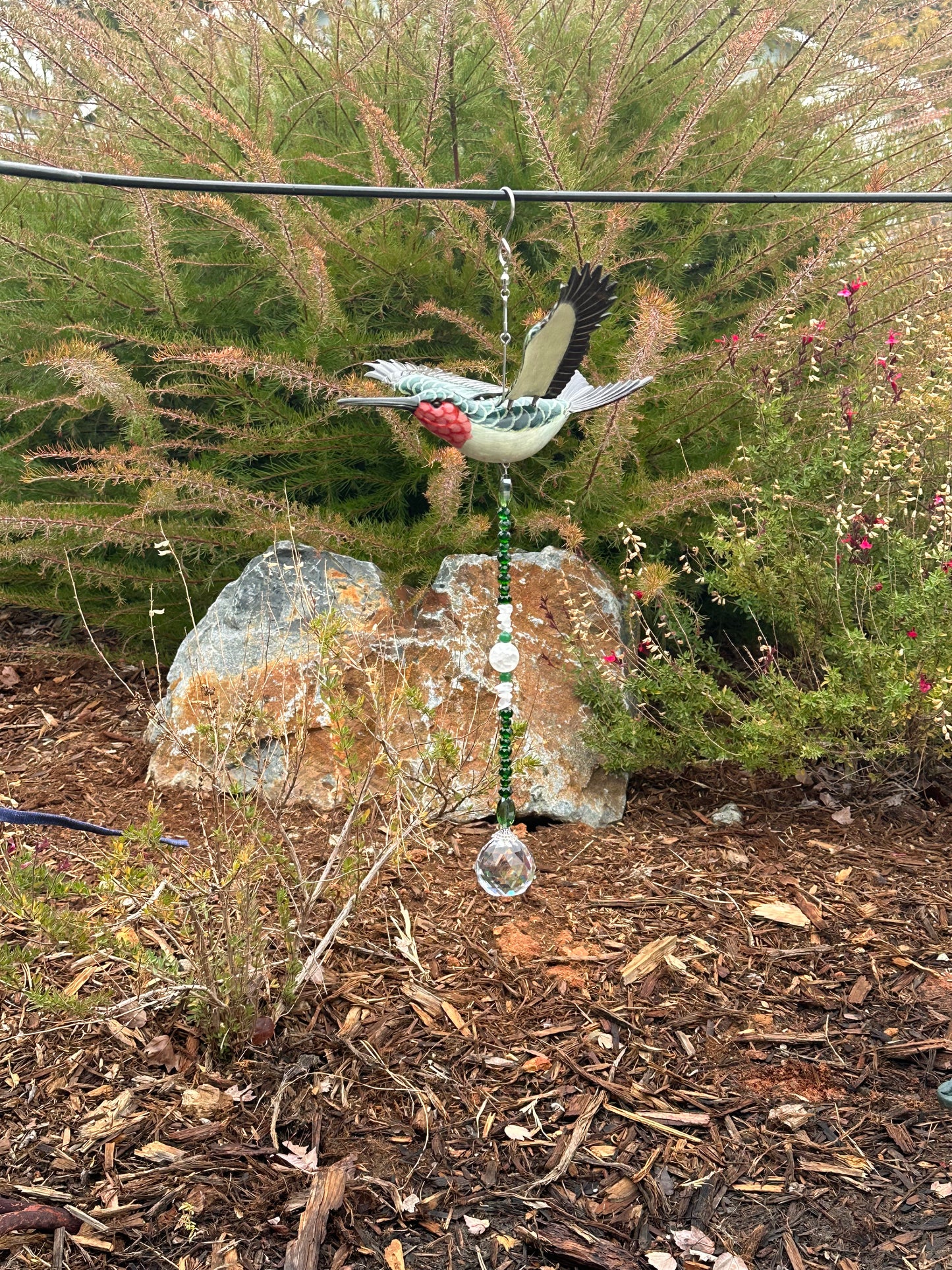 Hummingbird Suncatcher Featuring White Quartz and Green Aventurine