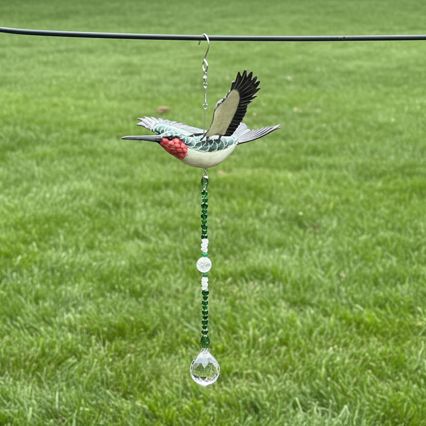 Hummingbird Suncatcher Featuring White Quartz and Green Aventurine