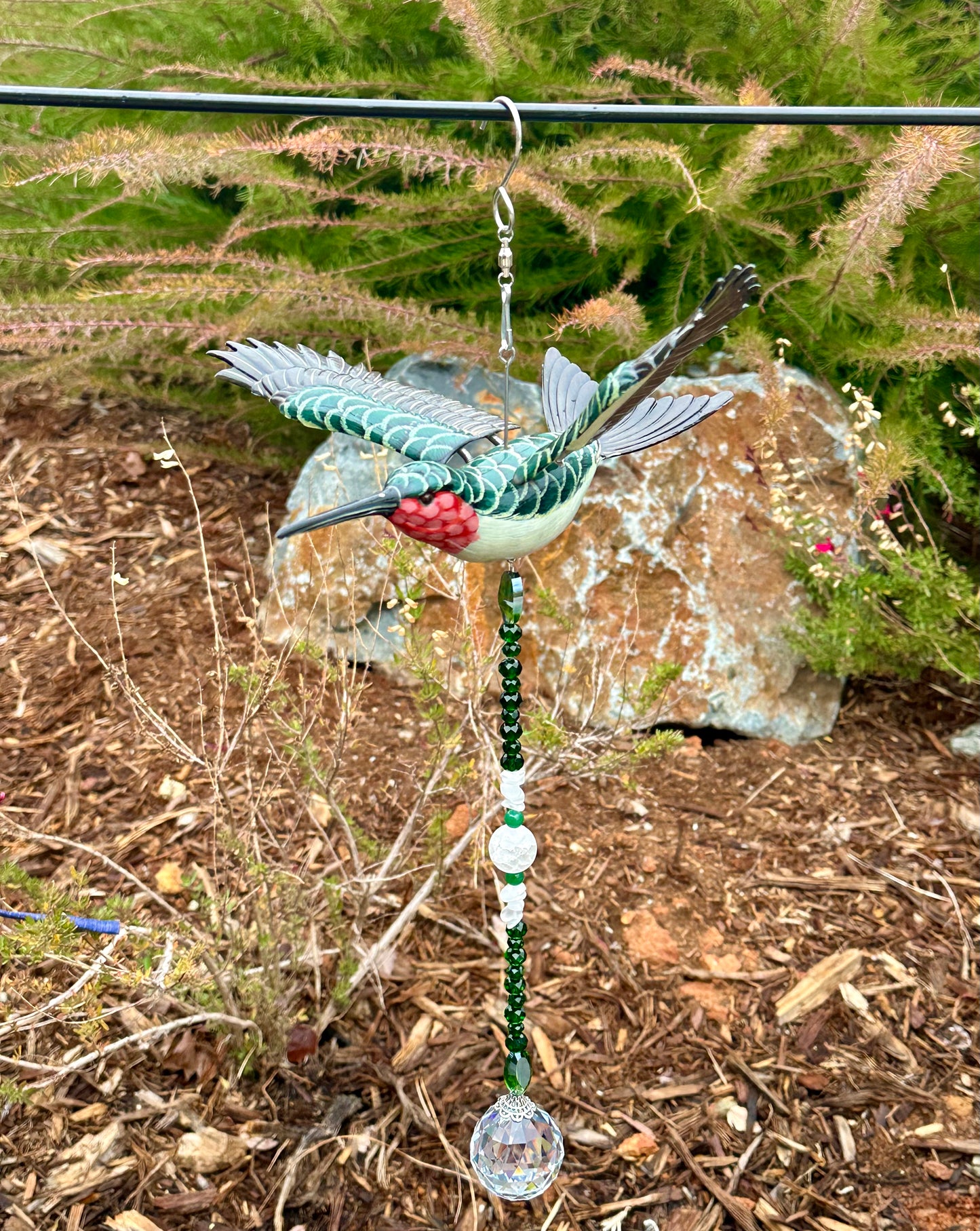 Hummingbird Suncatcher Featuring White Quartz and Green Aventurine