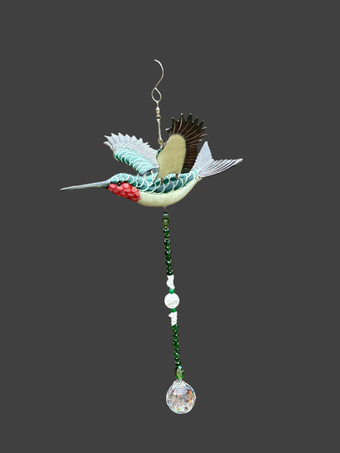 Hummingbird Suncatcher Featuring White Quartz and Green Aventurine