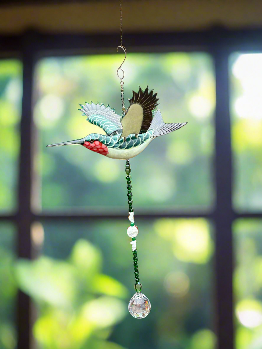 Hummingbird Suncatcher Featuring White Quartz and Green Aventurine