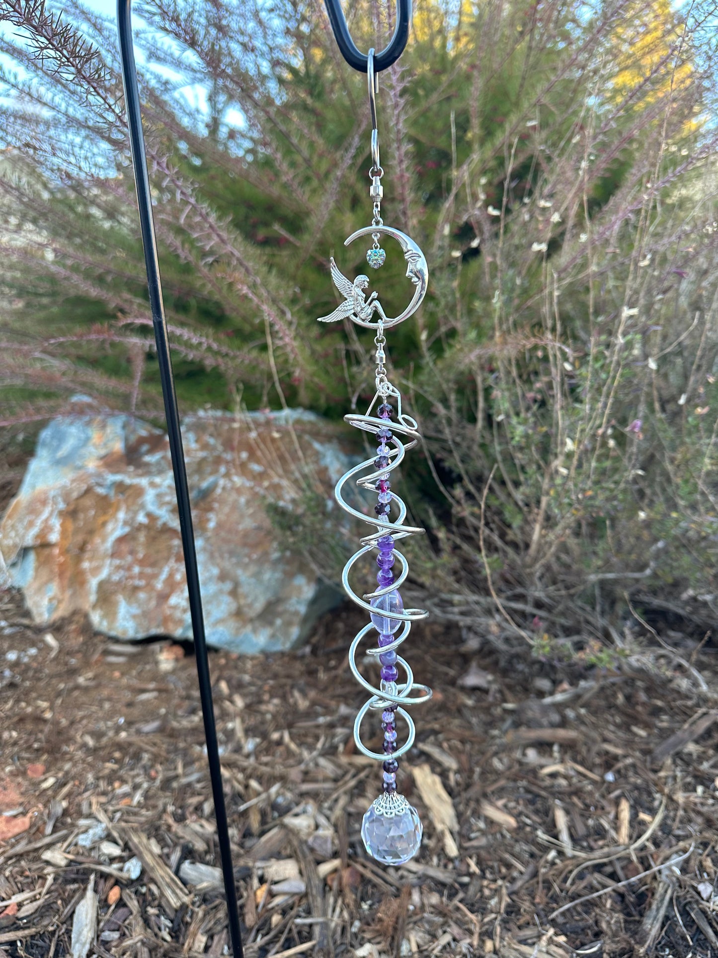 Silver Spiral Suncatcher featuring a Silver Fairy perched on a Crescent Moon