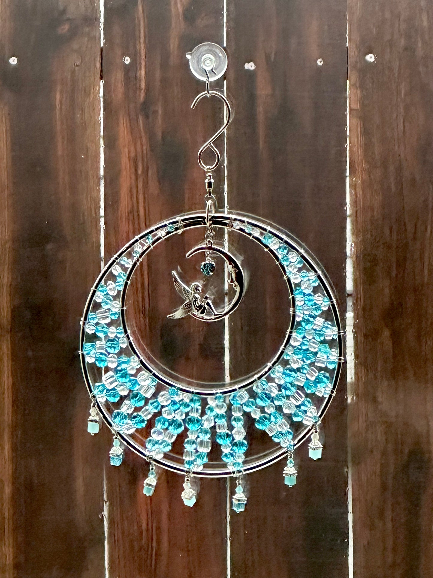 Blue and Clear Faceted Glass Crystal Suncatcher with Fairy on a Crescent Moon