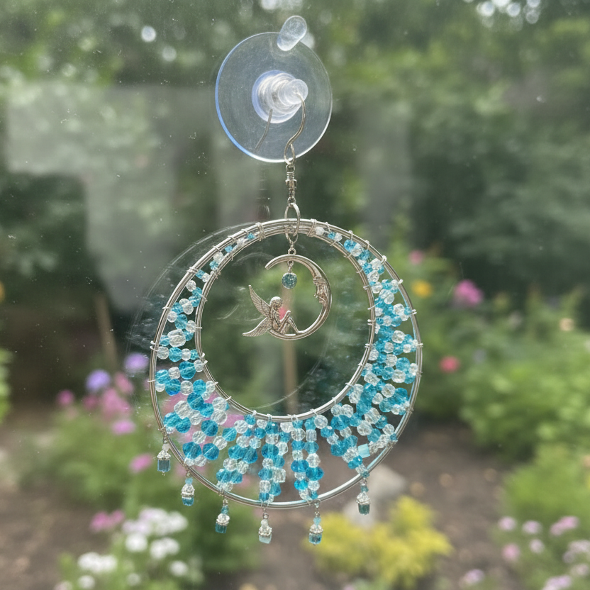 Blue and Clear Faceted Glass Crystal Suncatcher with Fairy on a Crescent Moon