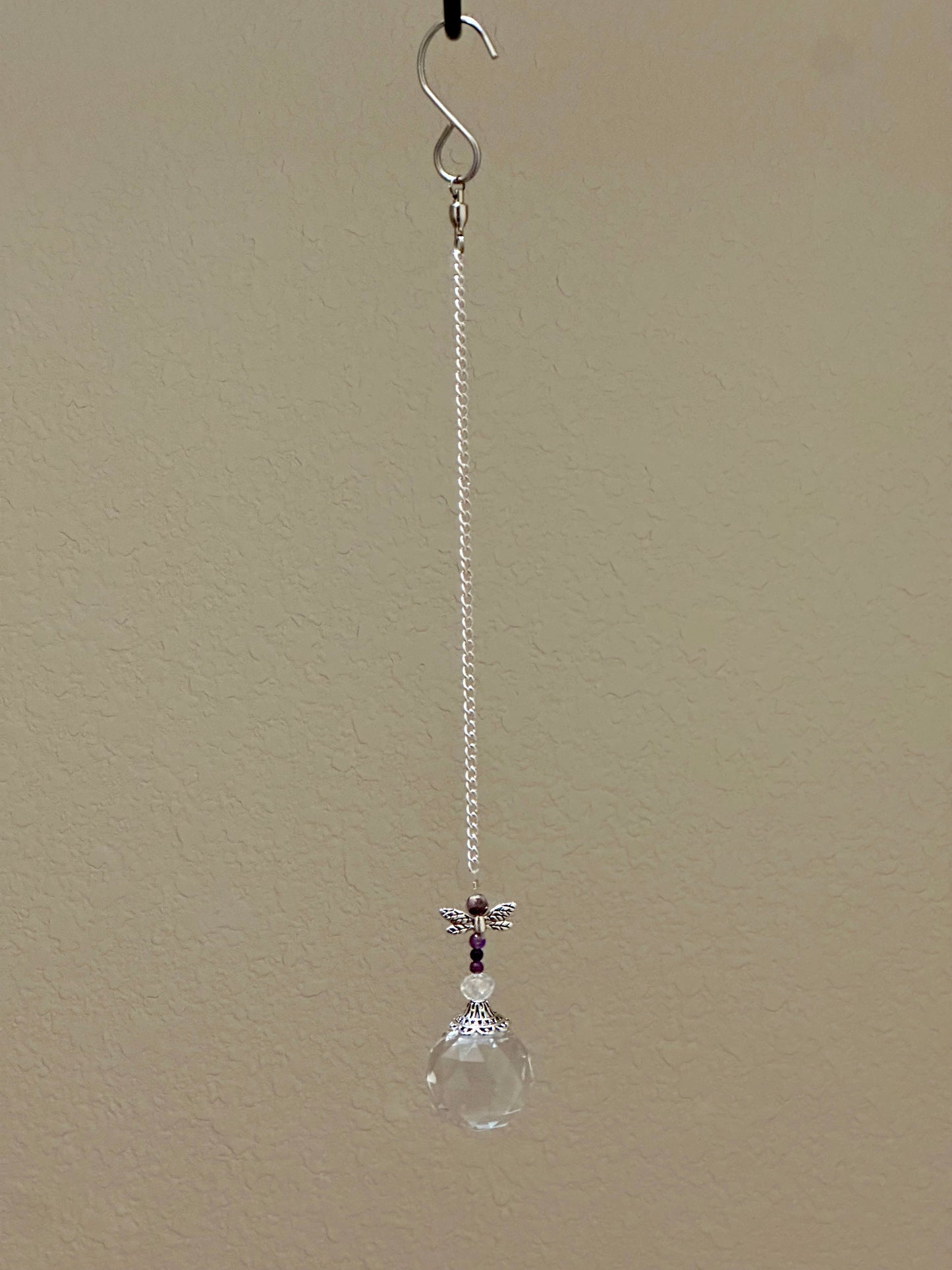 Amethyst Dragonfly Suncatcher on Silver Chain with Crystal Prism
