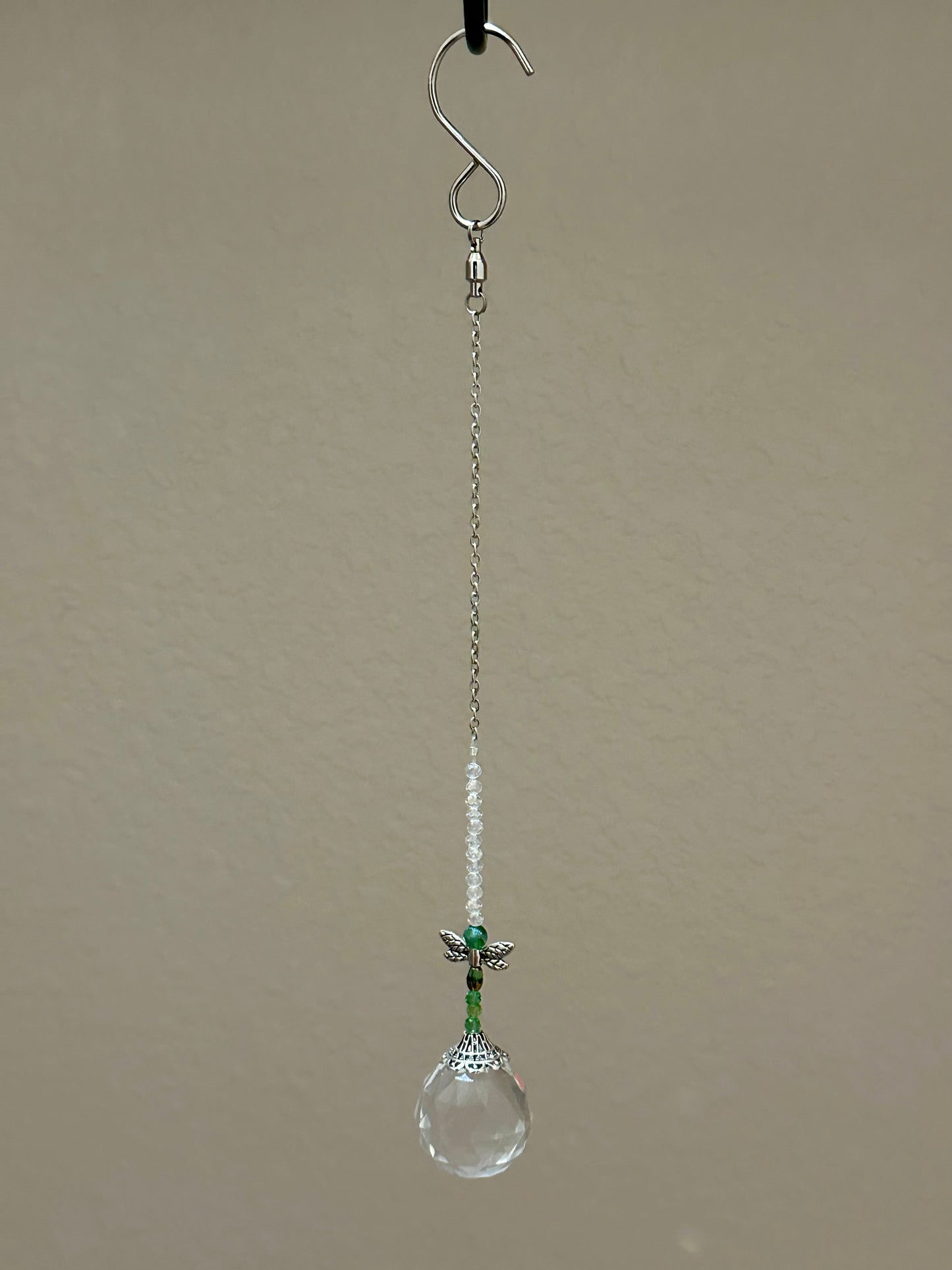 Green and Clear Faceted Glass Dragonfly Suncatcher on Silver Chain