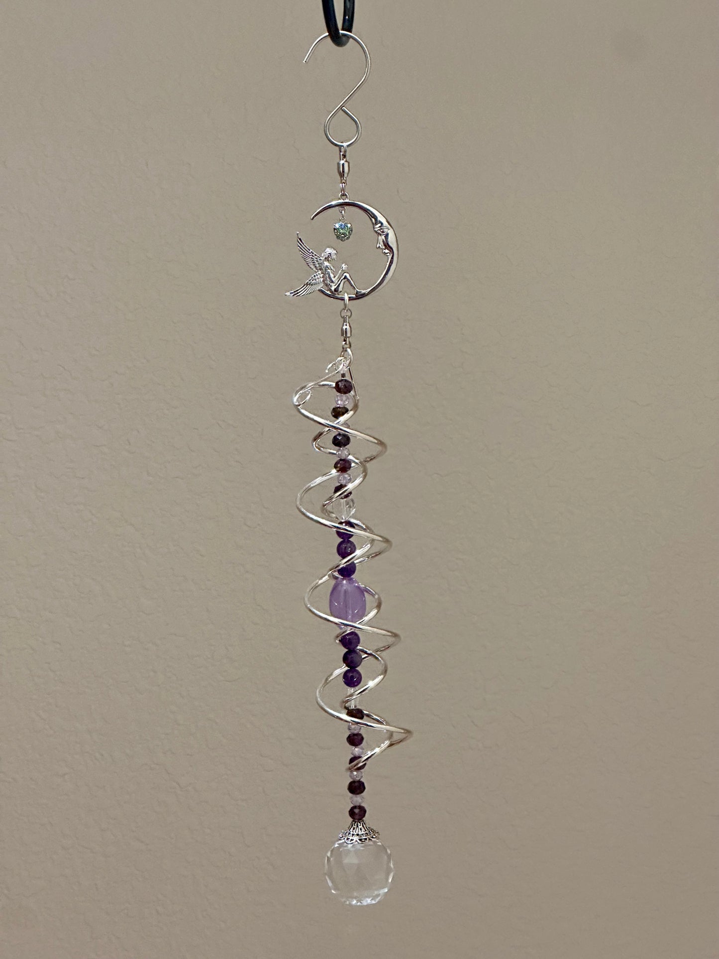 Silver Spiral Suncatcher featuring a Silver Fairy perched on a Crescent Moon