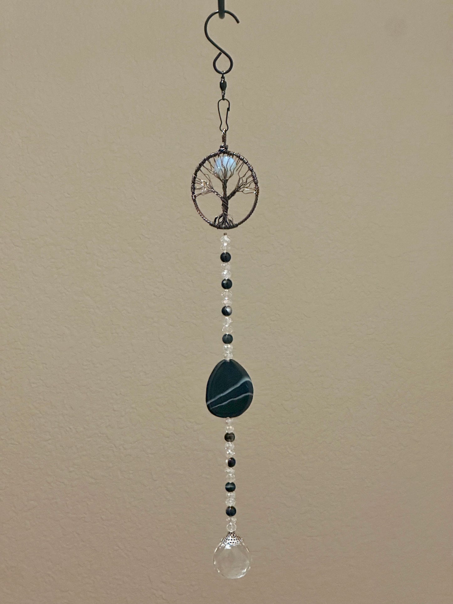 Wire Tree & Glass Moon Suncatcher with Black Agate