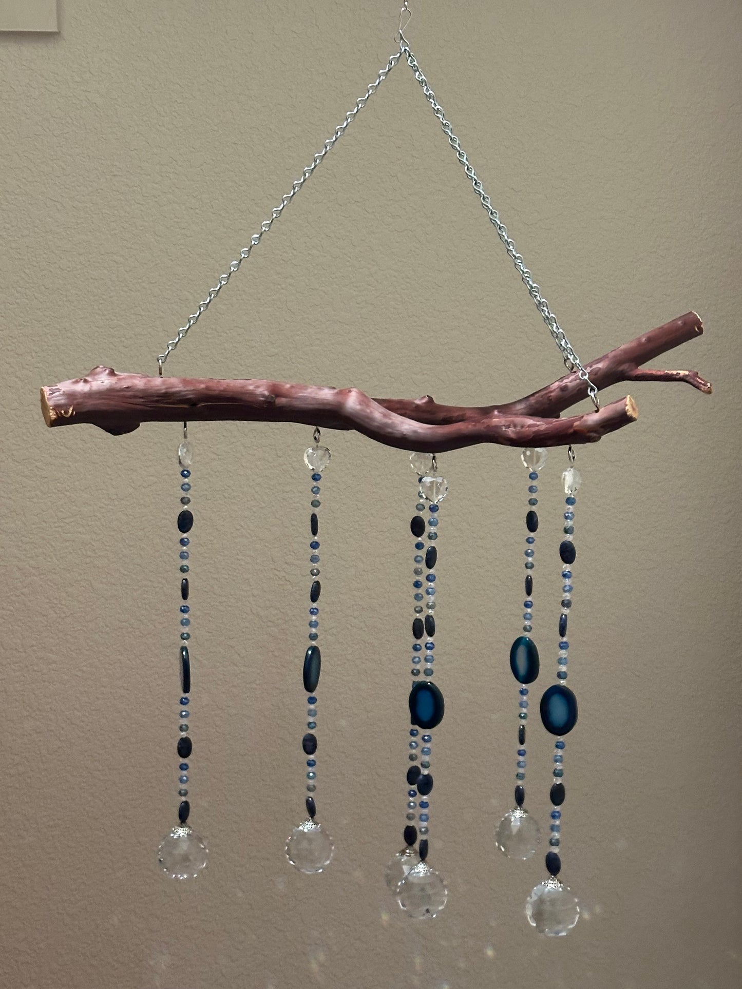 Six String Suncatcher Mobile on Manzanita Wood with Agate, Sodalite and Multi-Color Glass Crystal Beads