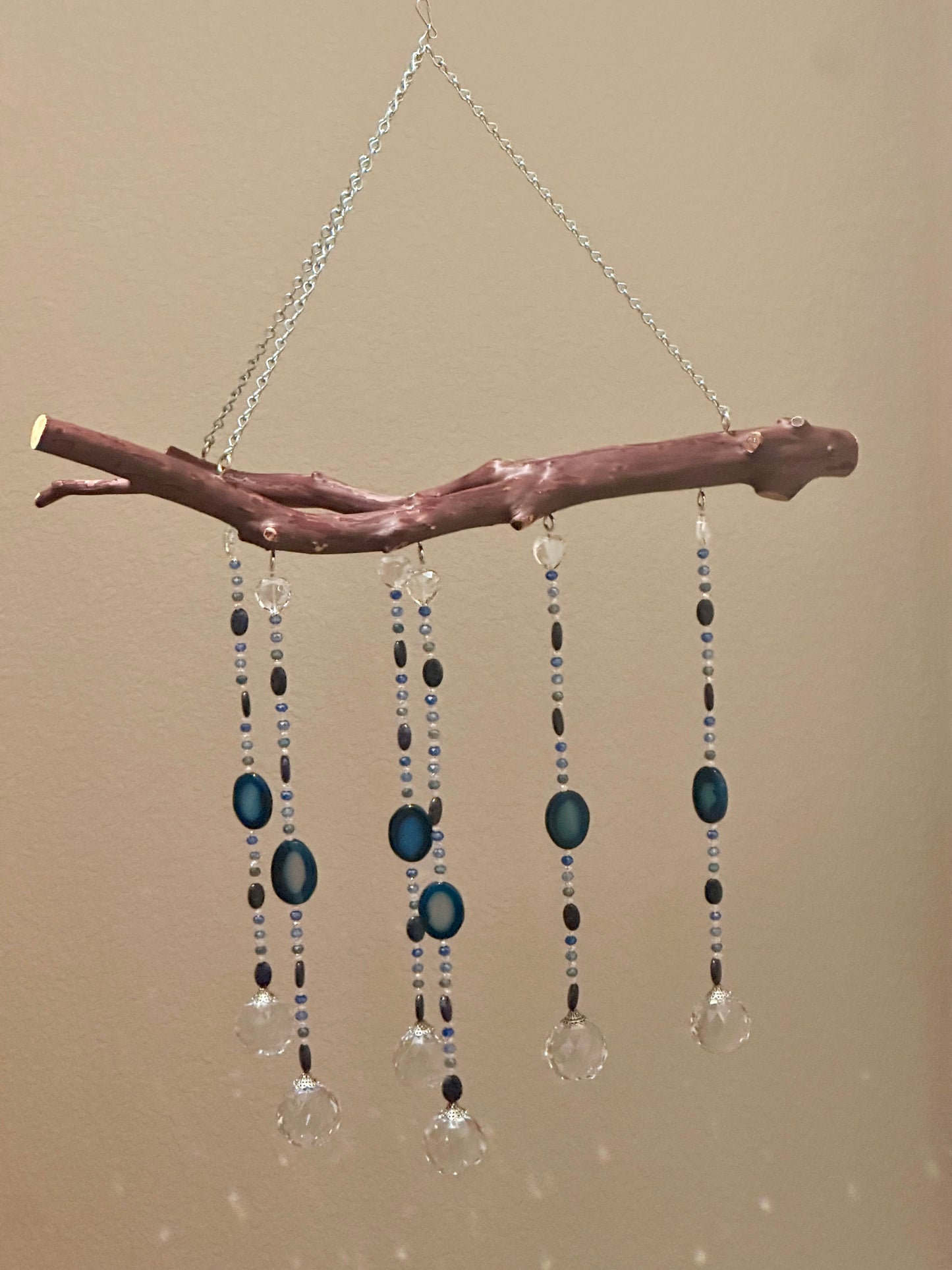 Six String Suncatcher Mobile on Manzanita Wood with Agate, Sodalite and Multi-Color Glass Crystal Beads
