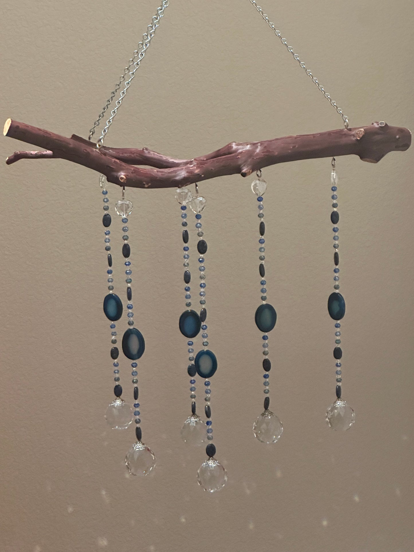 Six String Suncatcher Mobile on Manzanita Wood with Agate, Sodalite and Multi-Color Glass Crystal Beads