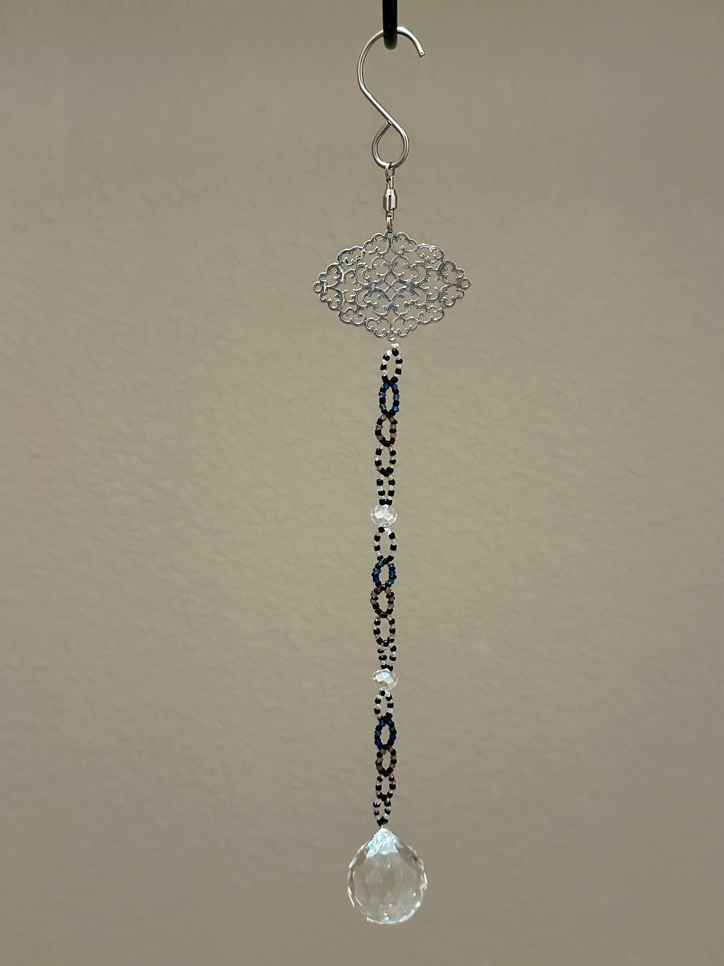 Black, Blue and Clear Glass Suncatcher with Silver Filigree Top